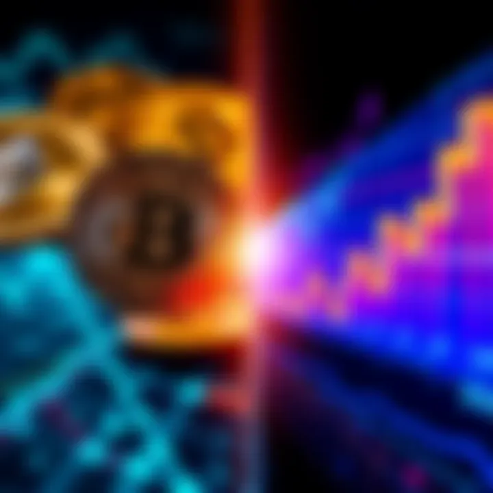 Cryptocurrency and Stock Market Comparison A split image showing cryptocurrency coins like Bitcoin and Ethereum on one side and stock market charts with upward trends on the other side, representing a comparison between the two investment opti...