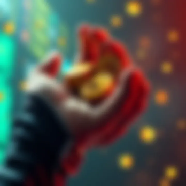 Visual representation of a large hand holding gold coins symbolizing control over cryptocurrency wealth.