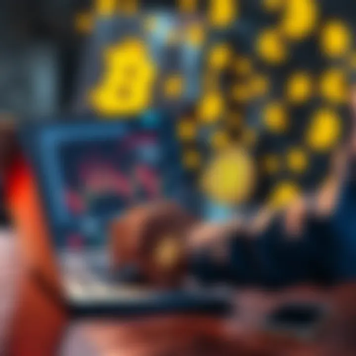 A person transferring cryptocurrency from an exchange to a cold wallet with a laptop and digital currency symbols in the background