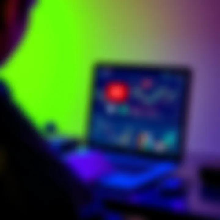 A person watching crypto YouTube videos on a laptop with charts and graphs on the screen