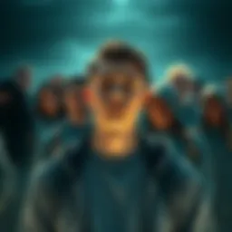 A young man with a thoughtful expression, standing in front of a group of people looking uneasy, symbolizing a cryptobro considering exiting a cult.