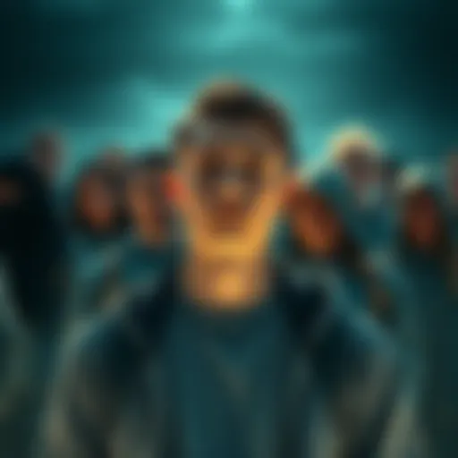 A young man with a thoughtful expression, standing in front of a group of people looking uneasy, symbolizing a cryptobro considering exiting a cult.