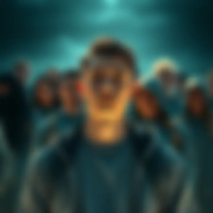 A young man with a thoughtful expression, standing in front of a group of people looking uneasy, symbolizing a cryptobro considering exiting a cult.