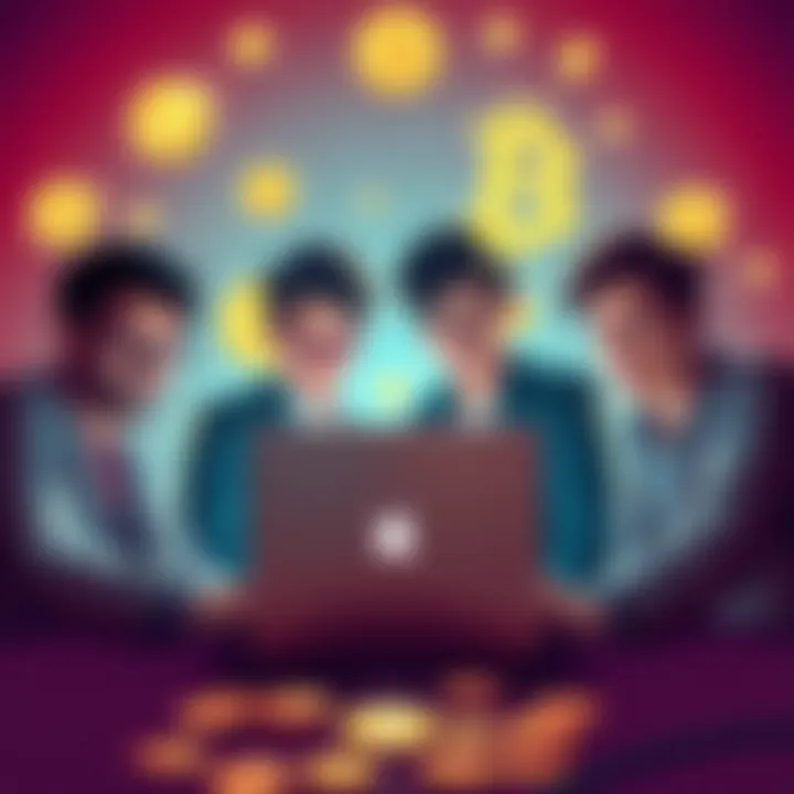 Cryptobros Tactics A group of young people discussing cryptocurrency on a laptop, surrounded by digital currency symbols, showing excitement and strategy in evading regulations.