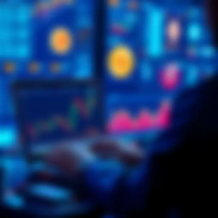 Cryptocurrency Trading A person analyzing cryptocurrency charts and trends on a laptop, with graphics representing Bitcoin, Ethereum, and Solana in the background.