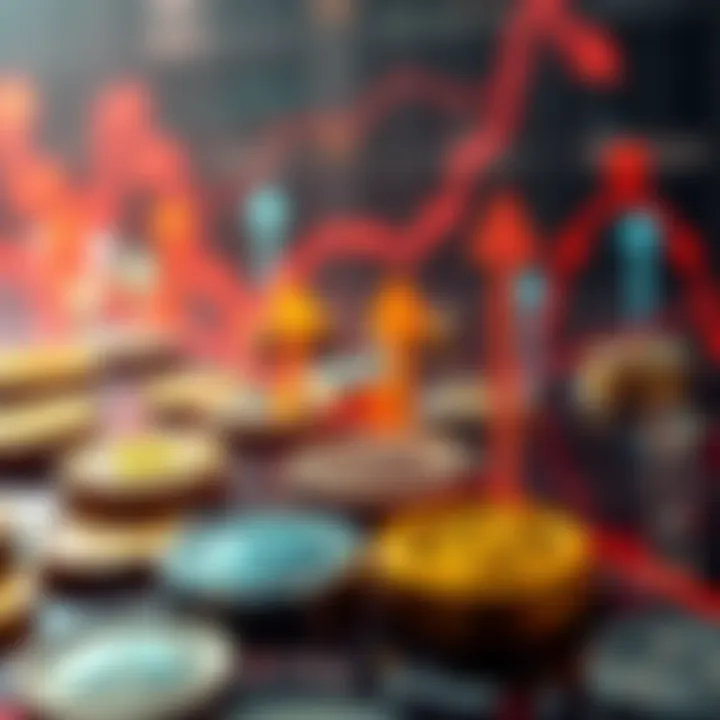 Visual representation of popular cryptocurrencies with arrows indicating buying points