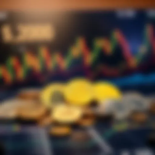 Various cryptocurrency coins on a table with graphs and charts in the background, indicating investment options.