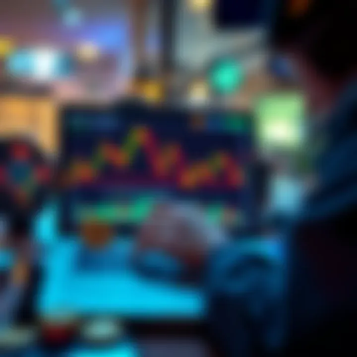 A person analyzing cryptocurrency charts on a laptop with charts and coins visible