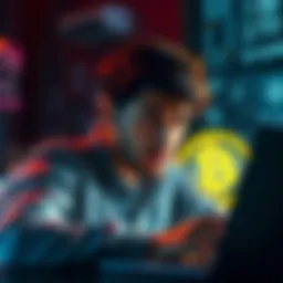 A person looking worried while checking cryptocurrency regulations on a laptop, with a digital currency symbol in the background.