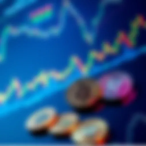 A stock market chart showing cryptocurrency trends and fluctuations with different coins labeled like BTC, ETH, and SOL.
