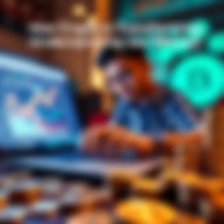 A person analyzing digital currency trends on a laptop with coins in the foreground