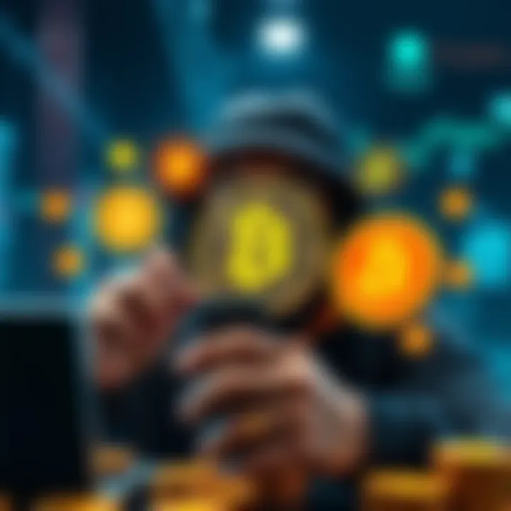 A developer considering cryptocurrency options, with Bitcoin prominently displayed, surrounded by icons of other coins, signifying decision-making challenges.