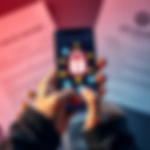 A person holding a smartphone displaying cryptocurrency icons with a background of legal documents and a padlock symbol, representing the impact of KYC regulations on privacy in crypto transactions.