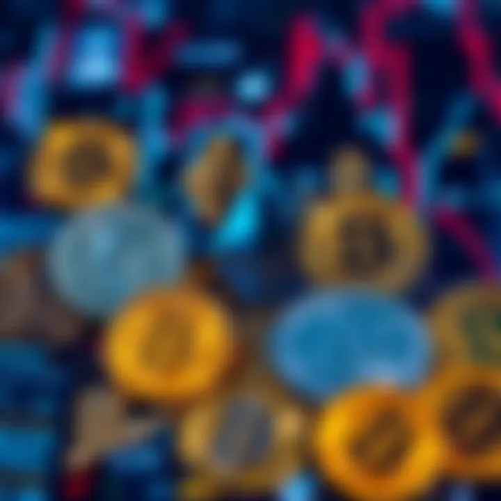 Cryptocurrency Symbols A collage of popular cryptocurrency symbols like Bitcoin, Ethereum, and Litecoin against a digital background, representing the influence of crypto on society and the economy.