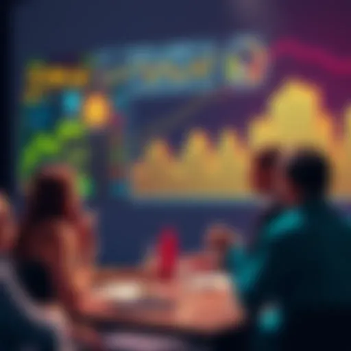 A group of people engaging in a discussion about cryptocurrency trends, with charts and digital currency symbols visible in the background.