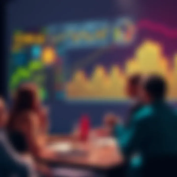 A group of people engaging in a discussion about cryptocurrency trends, with charts and digital currency symbols visible in the background.