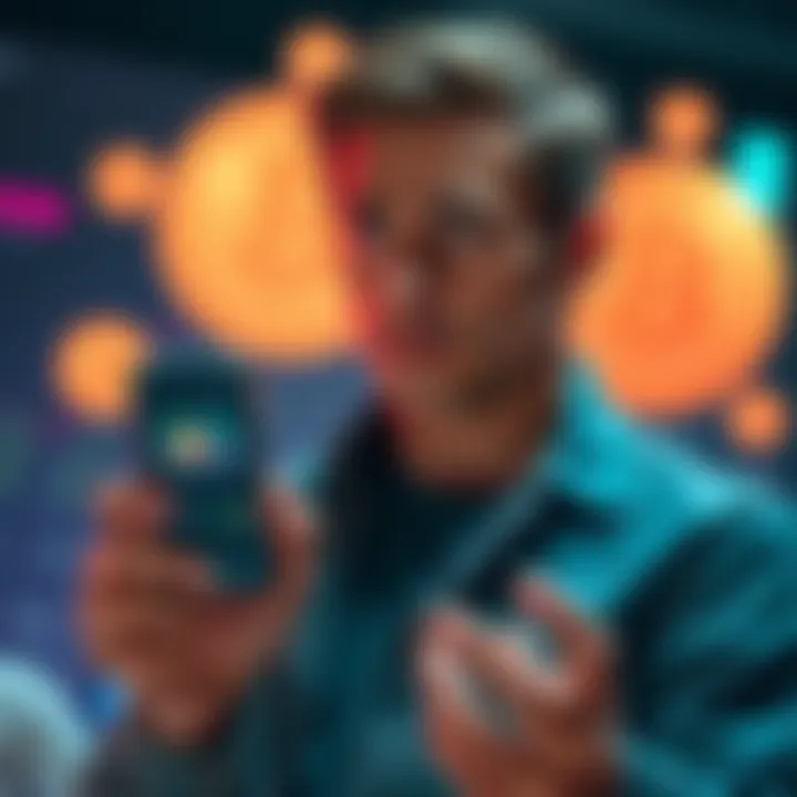 A person looking concerned while holding a smartphone with a cryptocurrency wallet app on the screen, with symbols of digital coins in the background.