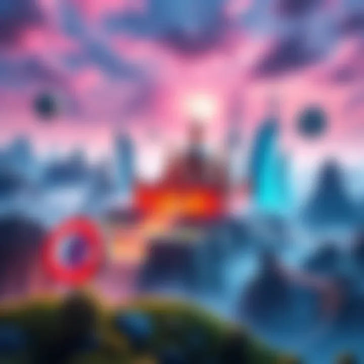 A digital landscape representing Cryptoland with virtual buildings and cryptocurrency symbols in a vibrant setting