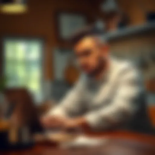 Culinary instructor considering Bitcoin investment A culinary instructor sits at a table with a laptop open, looking thoughtful about Bitcoin and the economy, with cooking utensils in the background.