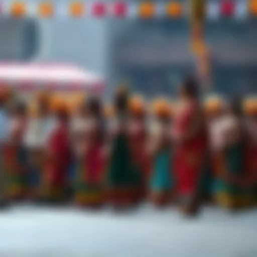 A diverse group of people celebrating a traditional festival, engaging in traditional dances and wearing colorful costumes, showcasing their cultural heritage.