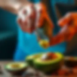 A person cutting the top off an avocado and scooping out the flesh with a spoon