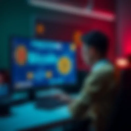 A person at a desk looking at a computer screen displaying Bitcoin symbols and quantum computing graphics, signifying the threat of quantum technology to cryptocurrency security.