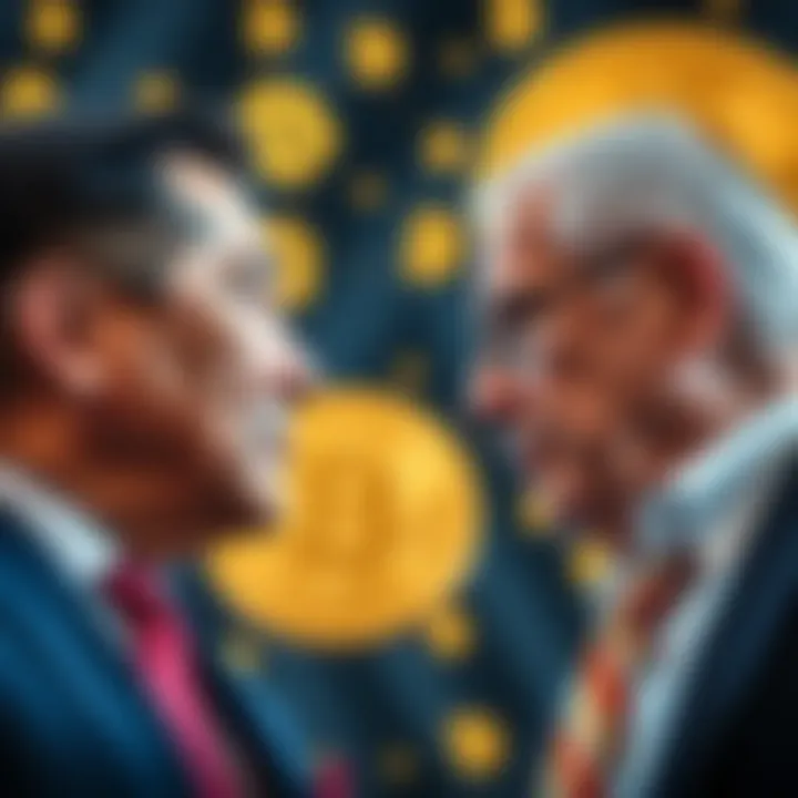 CZ and Peter Schiff face off in a debate about Bitcoin and gold as money's future, with visual representations of Bitcoin and gold in the background.