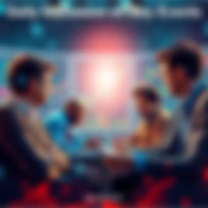 A group of people engaged in a lively discussion about trading ideas and events, with charts and graphs in the background.