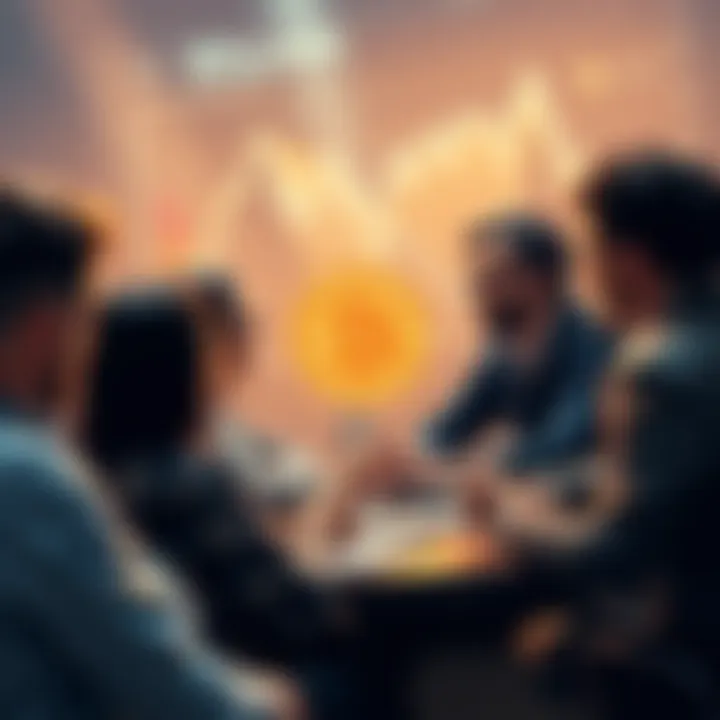 People engaging in a lively discussion about Bitcoin with charts and graphs visible.