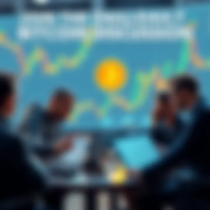 A group of Bitcoin enthusiasts engaging in conversation with laptops and charts in the background