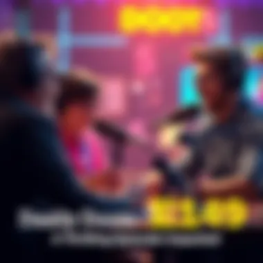 Hosts discussing topics on a podcast episode with microphones and headphones