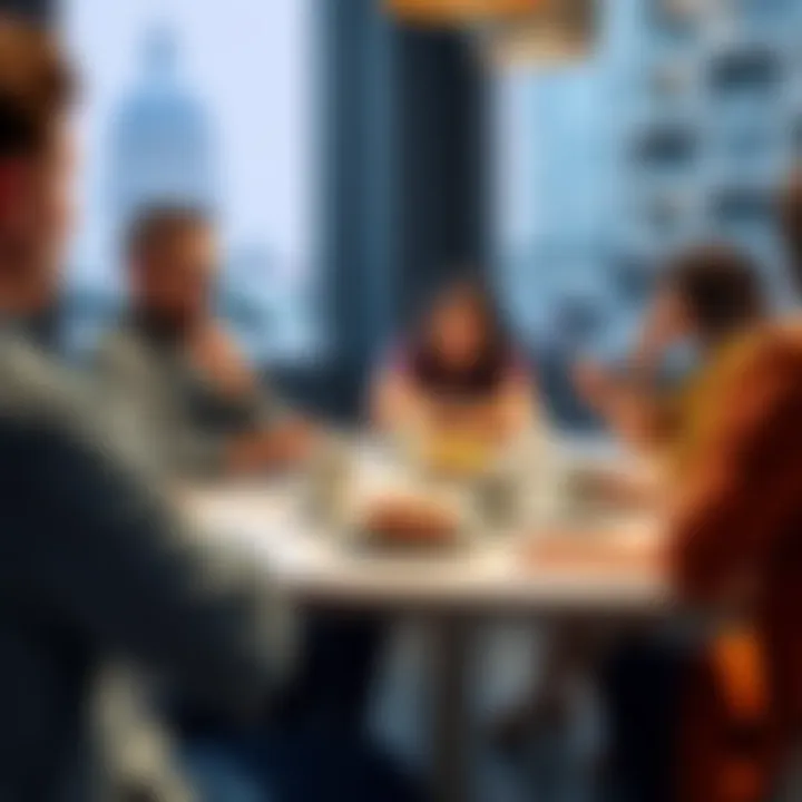 Daily General Discussion on Donuts A group of people chatting around a table with donuts and coffee during a discussion event