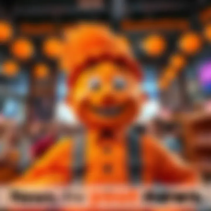 A cheerful character known as Dave, dressed in bright orange, smiling widely and engaging with fans. He represents humor and nostalgia in pop culture.