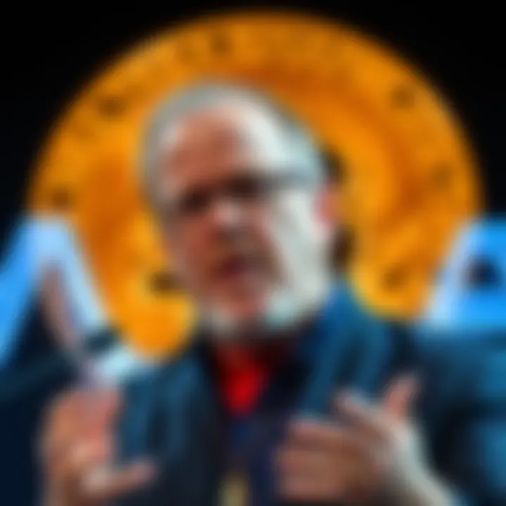 Dave Ramsey giving a speech about Bitcoin investment concerns, expressing strong opinions on cryptocurrency, with a backdrop showing a Bitcoin symbol.
