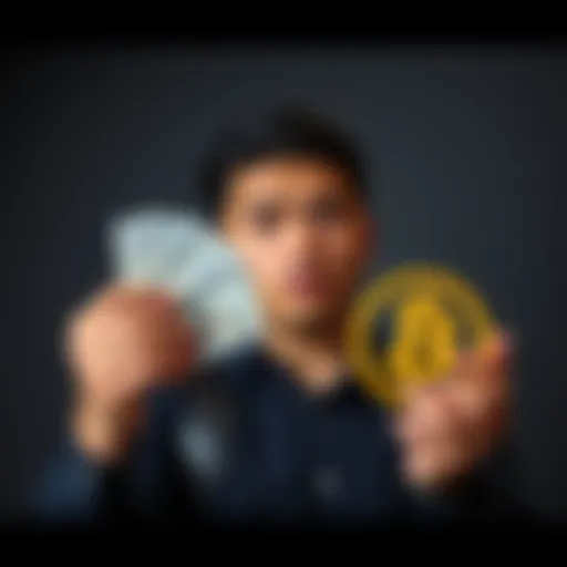 A person looks puzzled while holding cash in one hand and a Bitcoin symbol in the other, representing a decision about spending or investing.