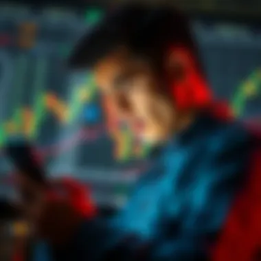 A person looking worried while checking cryptocurrency values on a smartphone, with stock charts in the background showing a rising trend, symbolizing a shift to real assets.