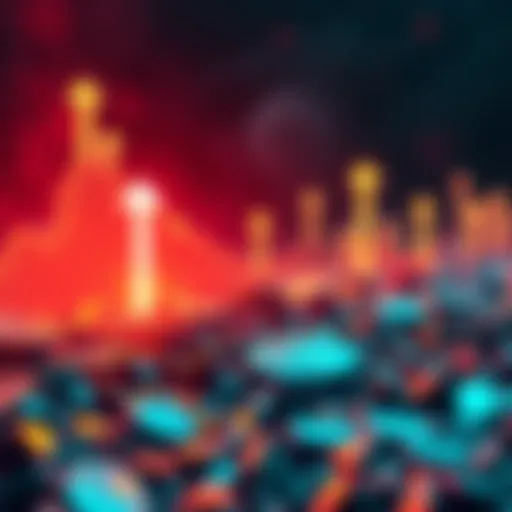 A visual representation of failed cryptocurrency projects like Nano and IOTA, with downward arrows indicating their decline in value and broken coins scattered around.