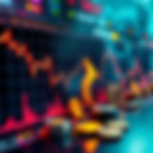 Declining cryptocurrency trend A graph showing a downward trend in cryptocurrency prices with Bitcoin and other coins highlighted, set against traditional asset symbols like gold and stocks.