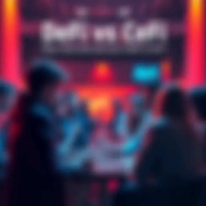 Group of people discussing DeFi and CeFi at a meetup, showing contrasting opinions and experiences