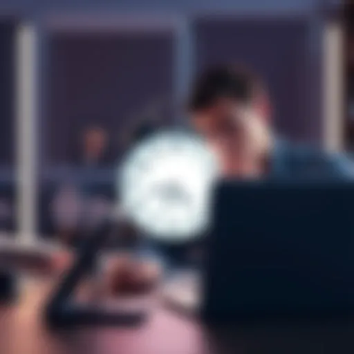 A frustrated app developer looking at a clock while sitting at a desk with a laptop open, symbolizing long app review wait times.