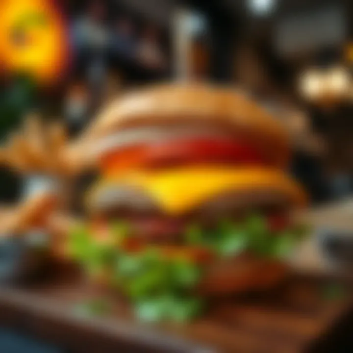 A mouthwatering burger topped with lettuce, tomato, and cheese on a wooden table