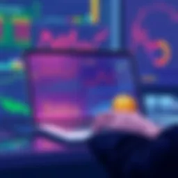 An illustration showing a trader analyzing data on a laptop, with graphs and charts related to cryptocurrency reward farming, conveying strategy and optimization.