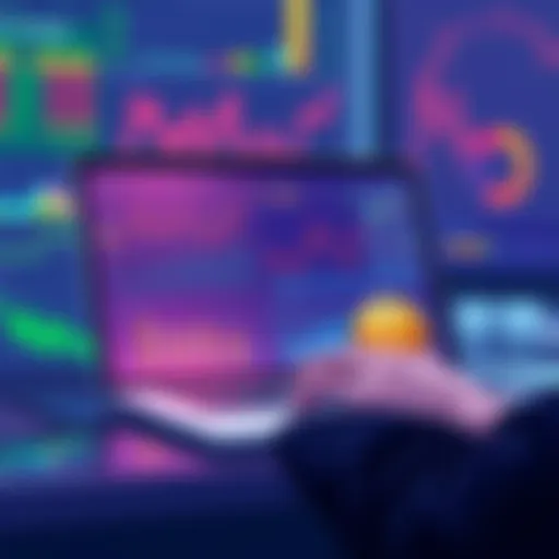 An illustration showing a trader analyzing data on a laptop, with graphs and charts related to cryptocurrency reward farming, conveying strategy and optimization.