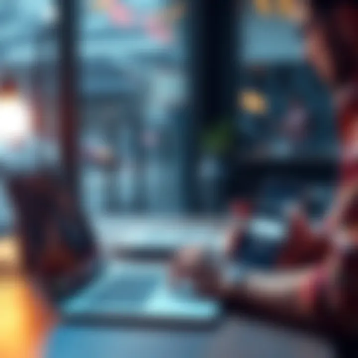 A developer looking for feedback on apps, with a laptop and smartphone displaying app interfaces.