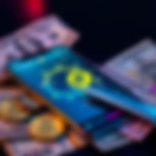 A visual representation of digital currency, showing a smartphone displaying cryptocurrency symbols, alongside traditional paper money, symbolizing the shift in financial systems.