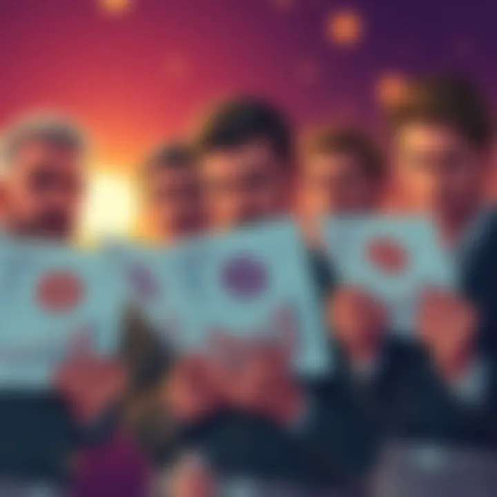 A group of investors looking frustrated, holding papers with altcoin logos and charts showing declines