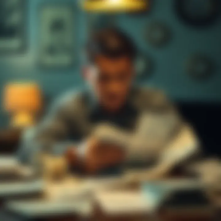 Disappointed person looking at bills A frustrated person sitting at a table surrounded by bills and financial papers, highlighting the struggles of get rich quick schemes.