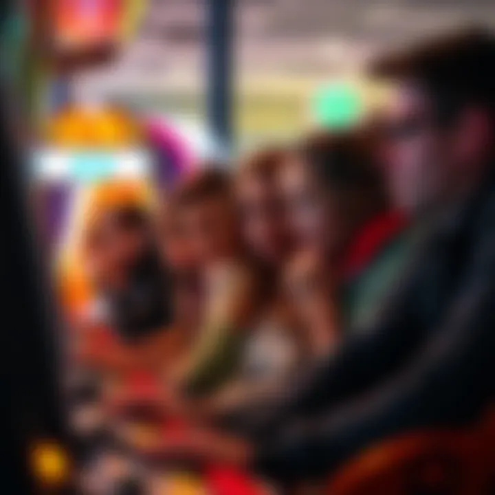 Group of players looking frustrated at a game station in Atlas arcade, expressing disappointment with the solitaire games.