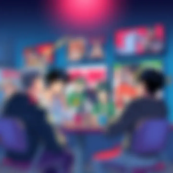 A group of guys chatting with anime posters in the background, sharing their thoughts on anime culture.