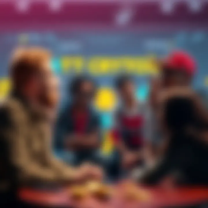 A group of diverse cryptocurrency enthusiasts engaging in a friendly debate about Bitcoin and alternative currencies, promoting civil discourse within the community.